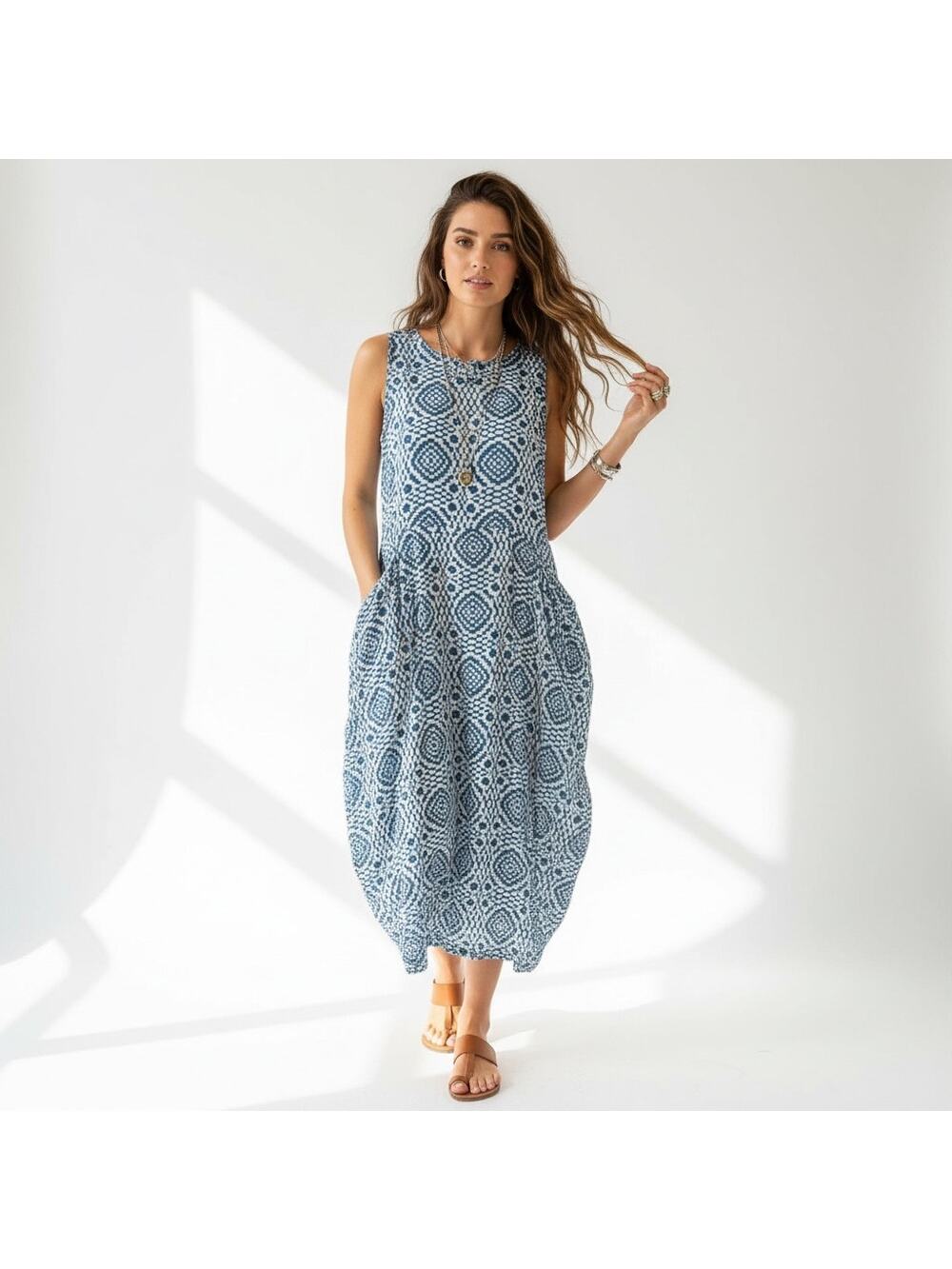 Cost Plus World Market Blue and White Patterned Sleeveless Midi Dress